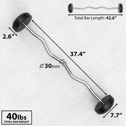 Fixed curl barbell with 30mm diameter chrome bar, black rubber plates on each end, and wavy grip sections. Total bar length 42.6 inches, weighs 40 lbs.