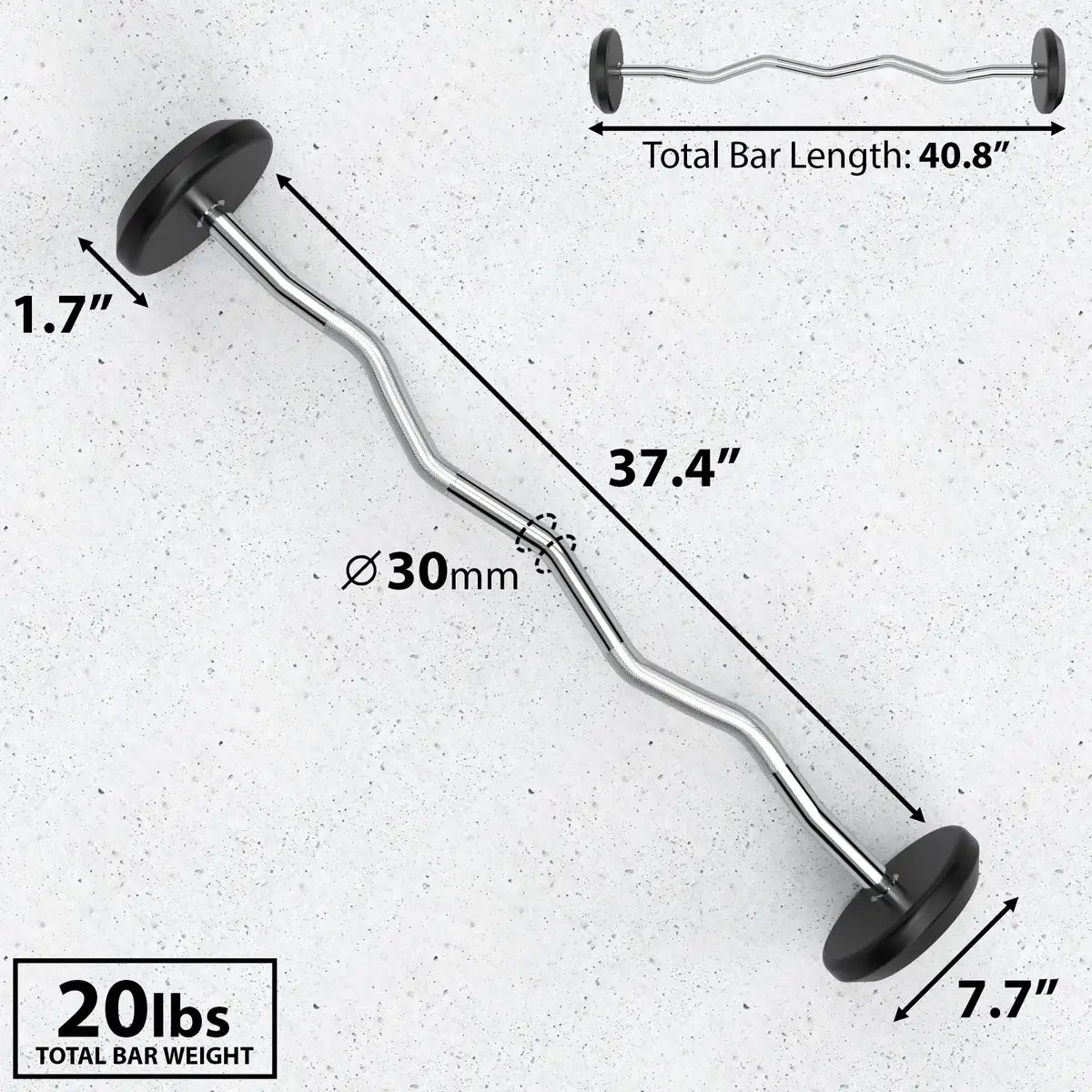 Chrome curved barbell with black rubber end caps and weight plates, 30mm diameter grip, 40.8" total length, labeled 20lbs total bar weight with dimension callouts.