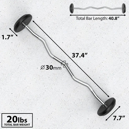 Chrome curved barbell with black rubber end caps and weight plates, 30mm diameter grip, 40.8" total length, labeled 20lbs total bar weight with dimension callouts.