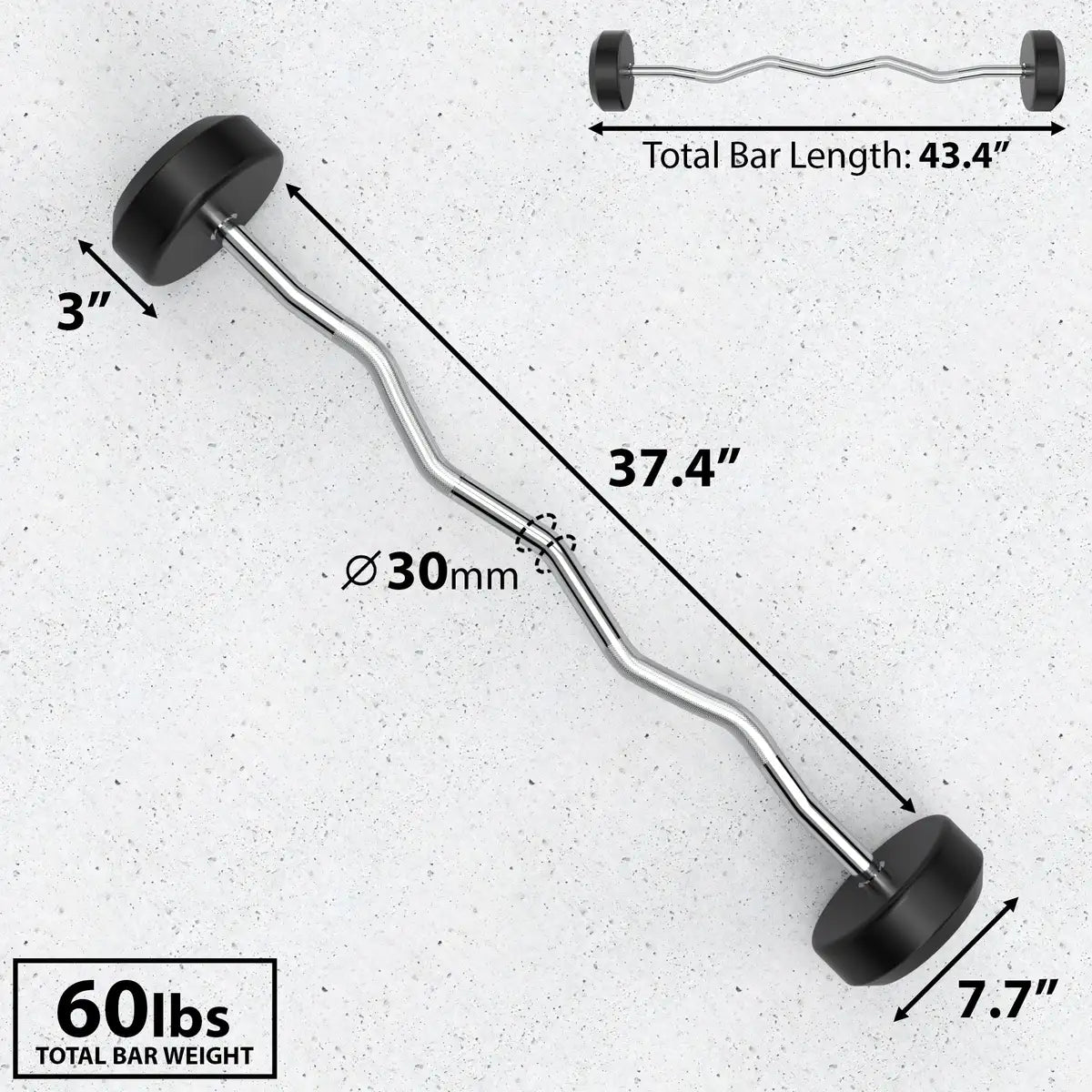 Fixed EZ curl barbell with wavy chrome bar (30mm diameter), black rubber end caps, 43.4" total bar length, and 60lbs total weight shown with measurement callouts on concrete background.
