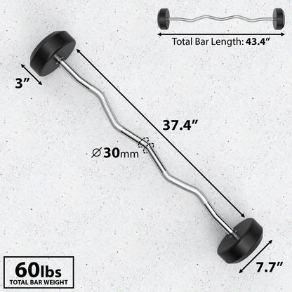 Fixed EZ curl barbell with wavy chrome bar (30mm diameter), black rubber end caps, 43.4" total bar length, and 60lbs total weight shown with measurement callouts on concrete background.