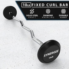 10lb fixed curl bar with chrome-plated steel shaft and black rubber weight plates, displayed on a concrete background with feature callouts for solid steel shaft, diamond knurling, and durable rubber.