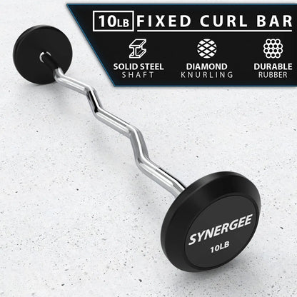 10lb fixed curl bar with chrome-plated steel shaft and black rubber weight plates, displayed on a concrete background with feature callouts for solid steel shaft, diamond knurling, and durable rubber.