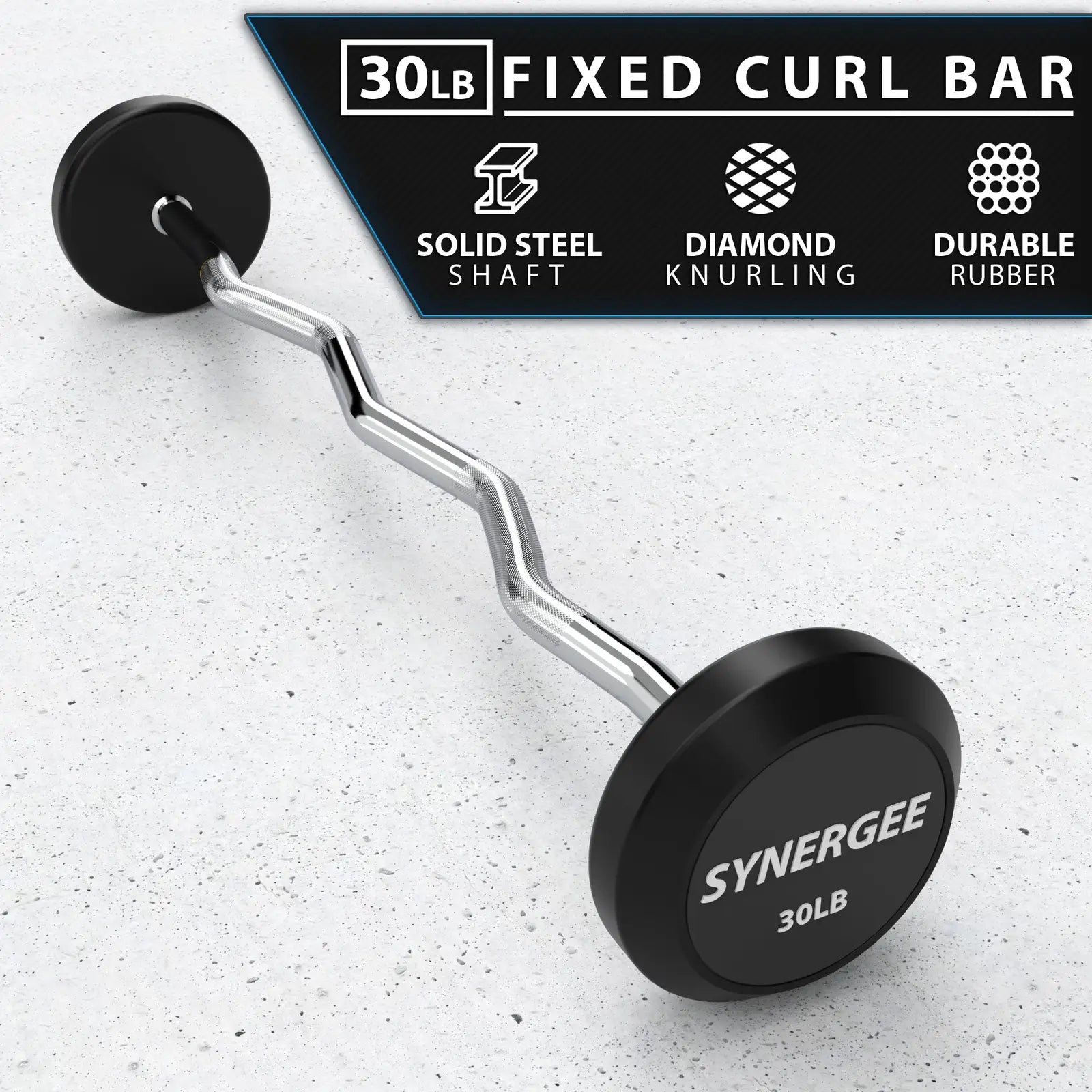 30lb fixed curl bar with chrome curved shaft and black rubber-coated weight plates labeled "Synergee," displayed on a concrete floor.