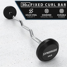 30lb fixed curl bar with chrome curved shaft and black rubber-coated weight plates labeled "Synergee," displayed on a concrete floor.