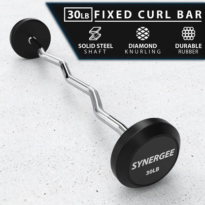 30lb fixed curl bar with chrome curved shaft and black rubber-coated weight plates labeled "Synergee," displayed on a concrete floor.