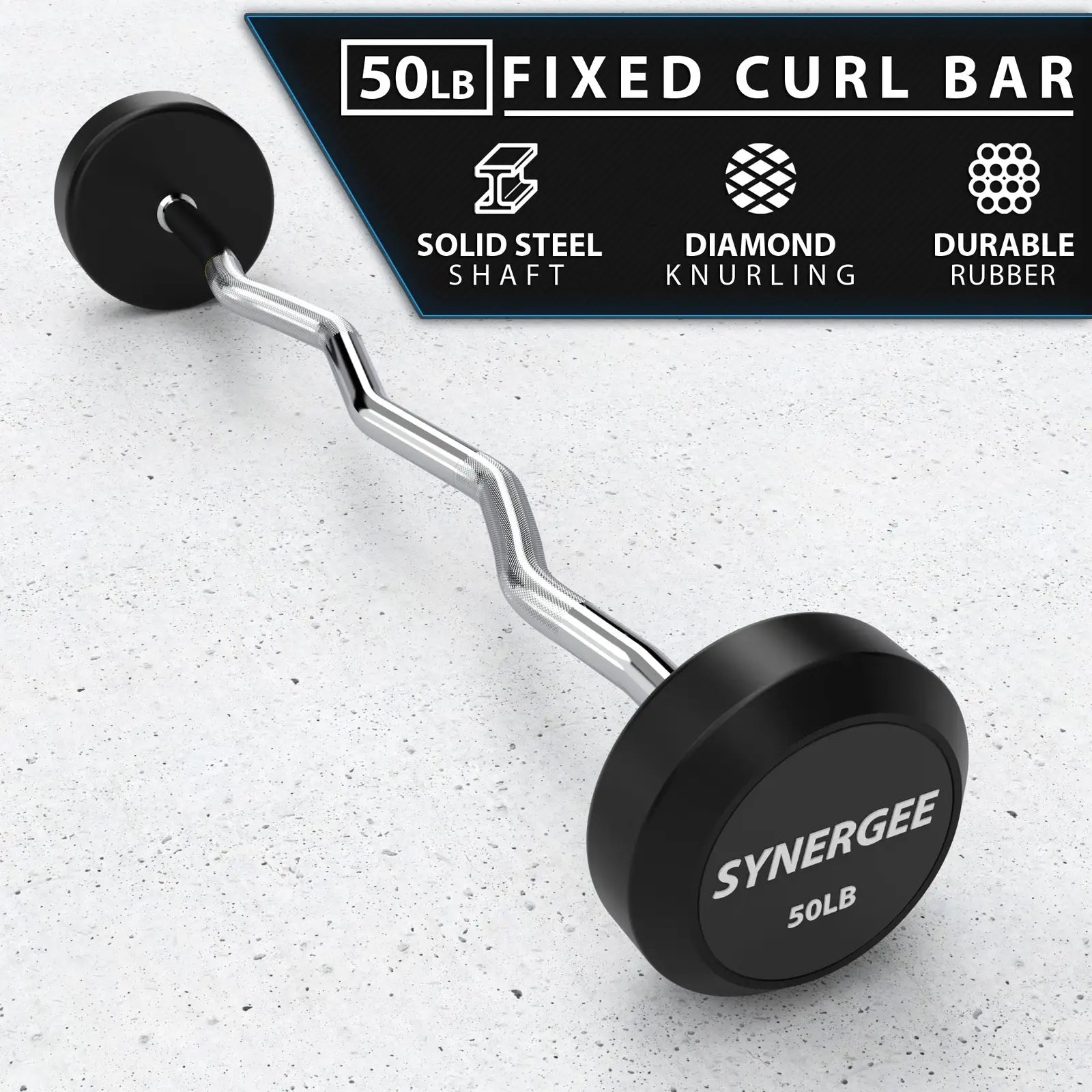 Synergee 50lb fixed curl bar with chrome curved steel shaft and black rubber-coated weight plates on a concrete surface.