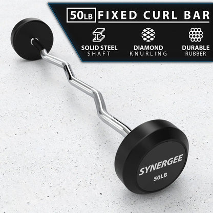 Synergee 50lb fixed curl bar with chrome curved steel shaft and black rubber-coated weight plates on a concrete surface.