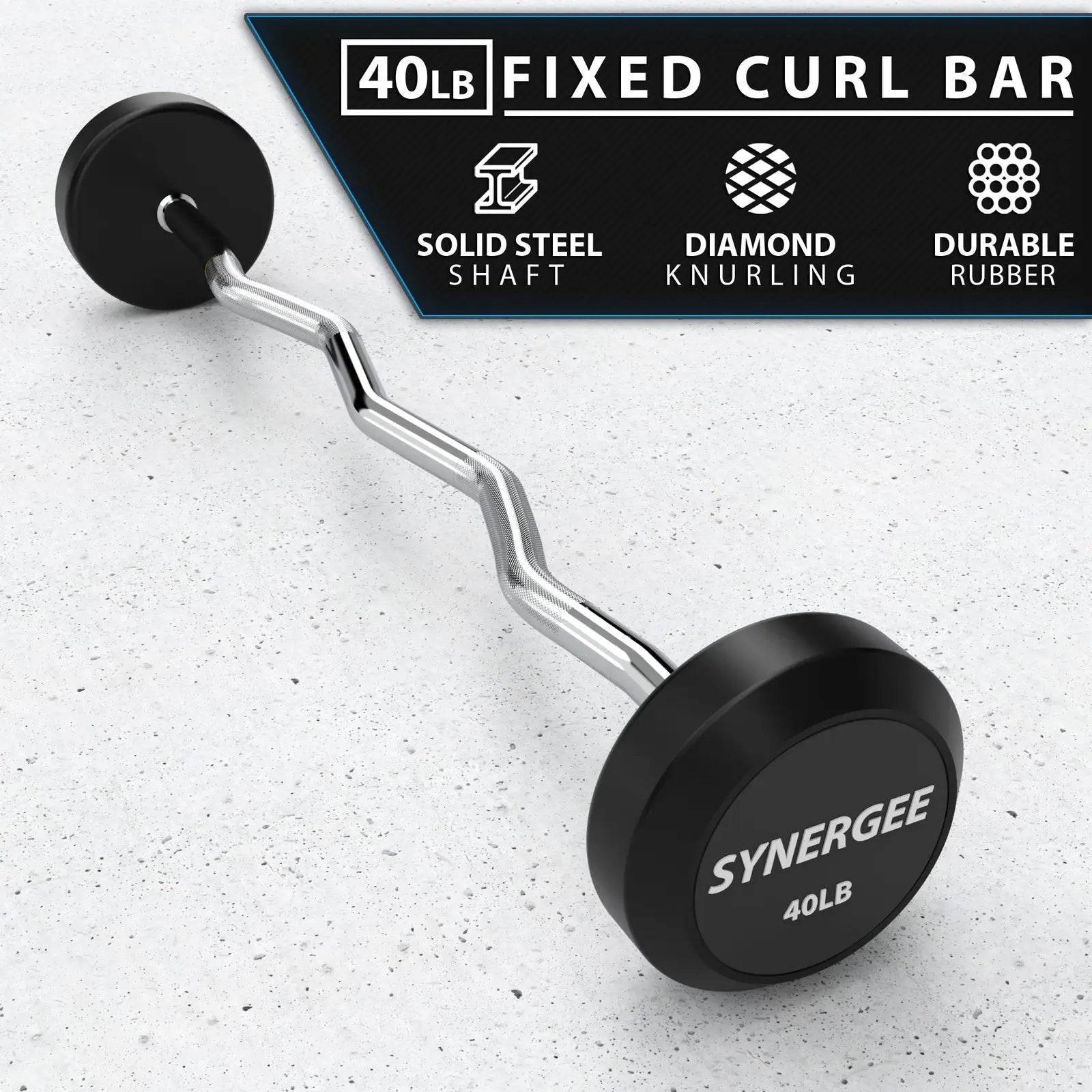 40lb fixed curl bar with curved silver steel shaft and black rubber-coated weight plate on each end, displayed on speckled concrete background.
