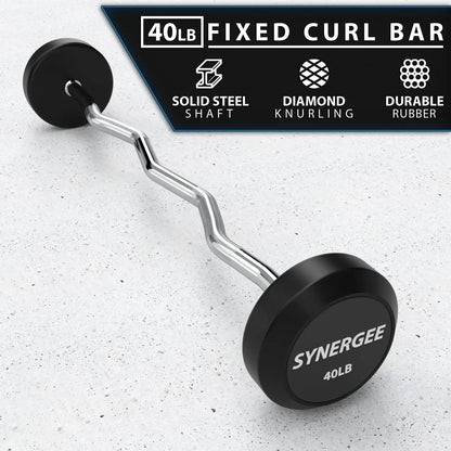 40lb fixed curl bar with curved silver steel shaft and black rubber-coated weight plate on each end, displayed on speckled concrete background.