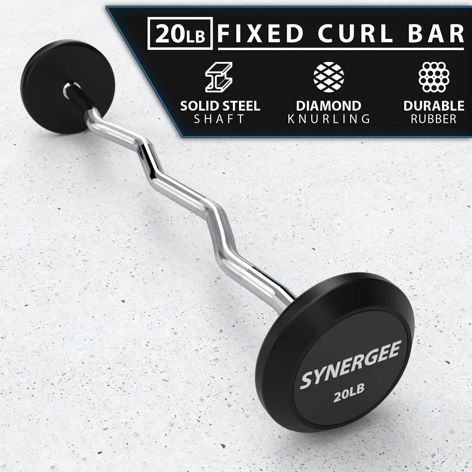Twenty-pound fixed curl bar with curved chrome steel shaft and black rubber plates on white speckled background. Bar features diamond knurling on the grip and durable rubber weight plates.