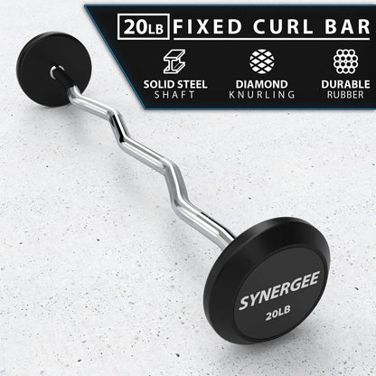 Twenty-pound fixed curl bar with curved chrome steel shaft and black rubber plates on white speckled background. Bar features diamond knurling on the grip and durable rubber weight plates.