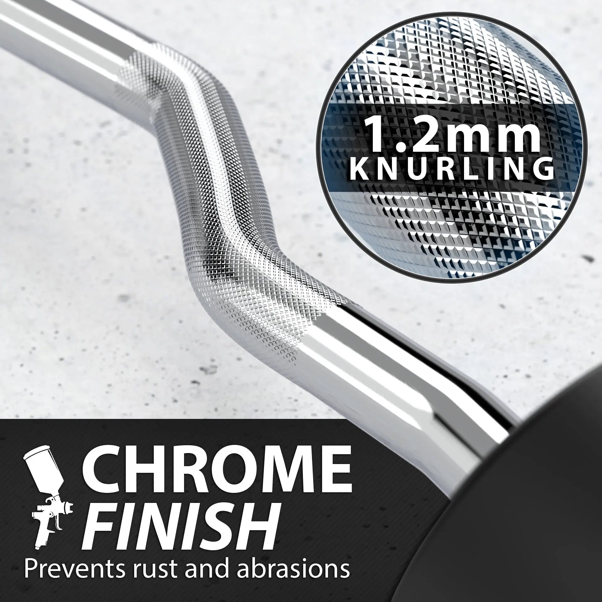 Chrome-plated fixed-curl barbell with 1.2mm knurling grip pattern on the handle. Closeup shows textured knurling detail designed to prevent rust and abrasion.
