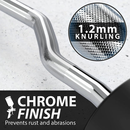 Chrome fixed easy curl barbell with 1.2mm knurling grip and curved handle design, shown against a white speckled background with close-up detail of the textured knurling pattern.
