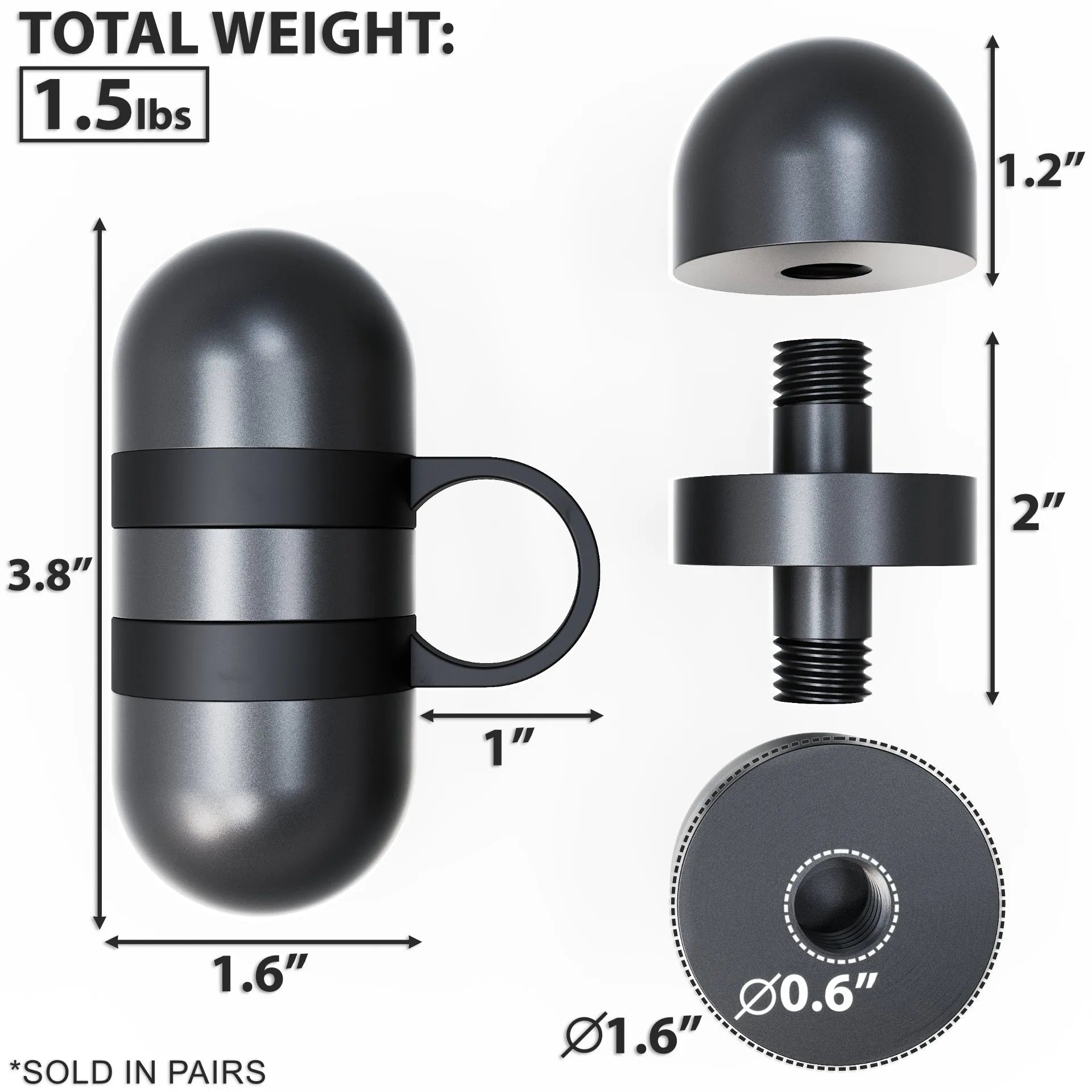 Pair of 1.5 lb hand weights with black rubber grip bands and steel construction, shown with detailed measurements and component parts including removable dome caps and threaded connectors.