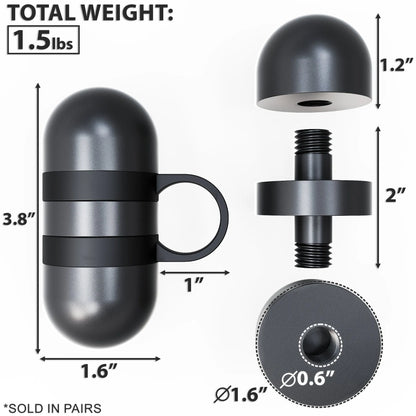Pair of 1.5 lb hand weights with black rubber grip bands and steel construction, shown with detailed measurements and component parts including removable dome caps and threaded connectors.