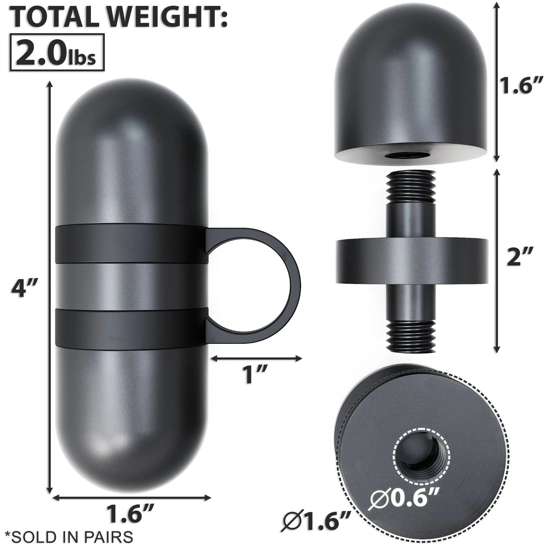 Pair of gray dumbbell handles with interchangeable weight plates, total weight 2.0 lbs, featuring 1" diameter grip and threaded connectors for plate attachment.