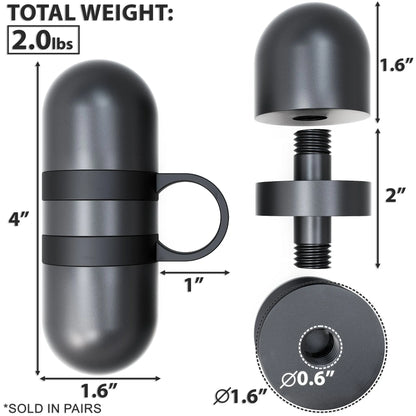 Pair of gray dumbbell handles with interchangeable weight plates, total weight 2.0 lbs, featuring 1" diameter grip and threaded connectors for plate attachment.