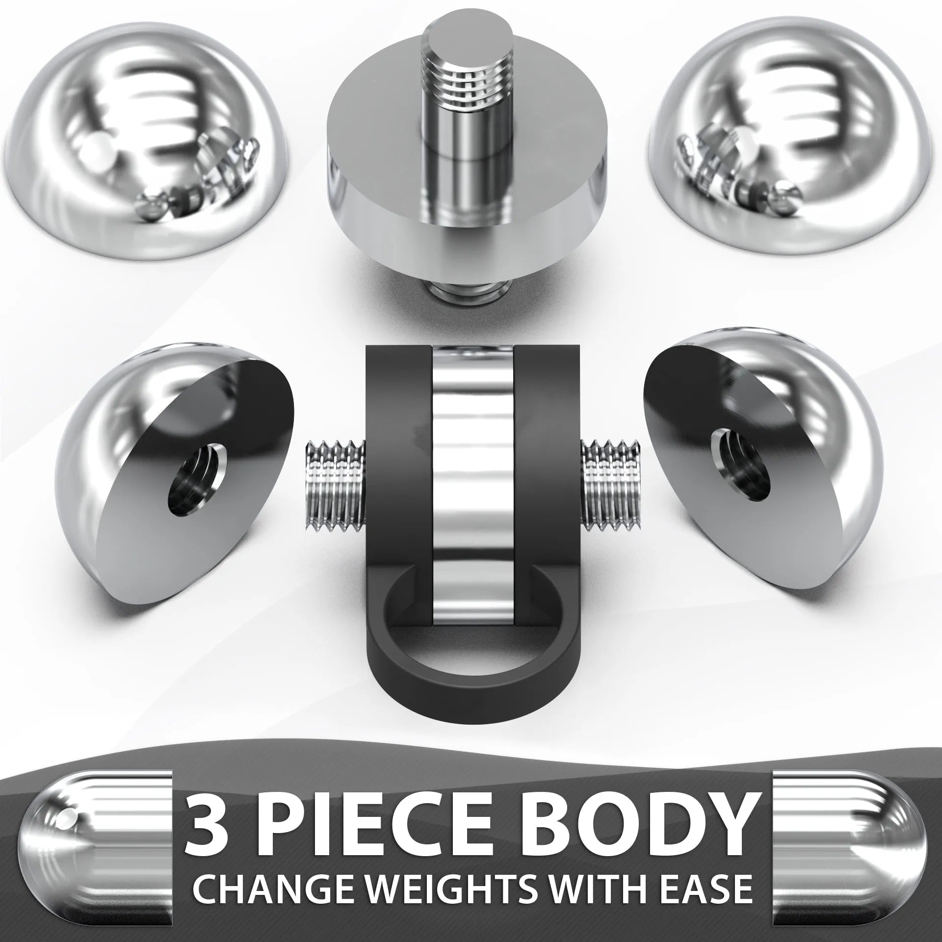 Polished chrome dumbbell shown from multiple angles displaying its three-piece construction with removable handle, interchangeable weight plates, and threaded collar system.