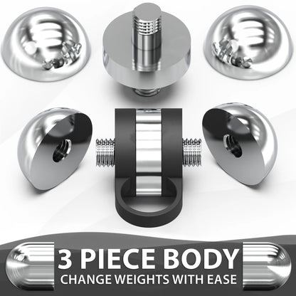 Polished chrome dumbbell shown from multiple angles displaying its three-piece construction with removable handle, interchangeable weight plates, and threaded collar system.