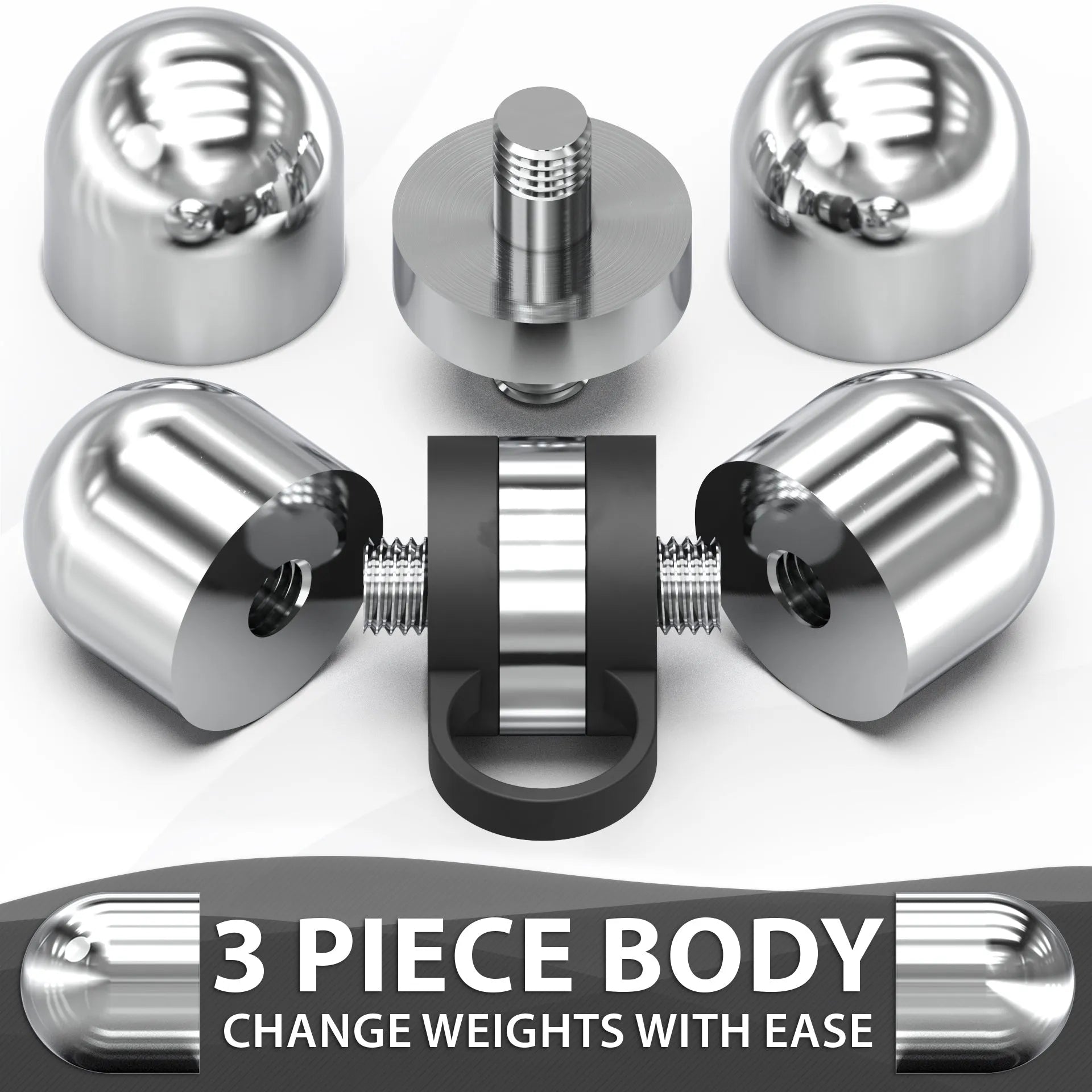 Adjustable dumbbell with three-piece construction shown in multiple angles, featuring polished steel spherical end caps, threaded metal core, and black rubber base collar for quick weight changes.