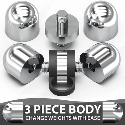 Adjustable dumbbell with three-piece construction shown in multiple angles, featuring polished steel spherical end caps, threaded metal core, and black rubber base collar for quick weight changes.