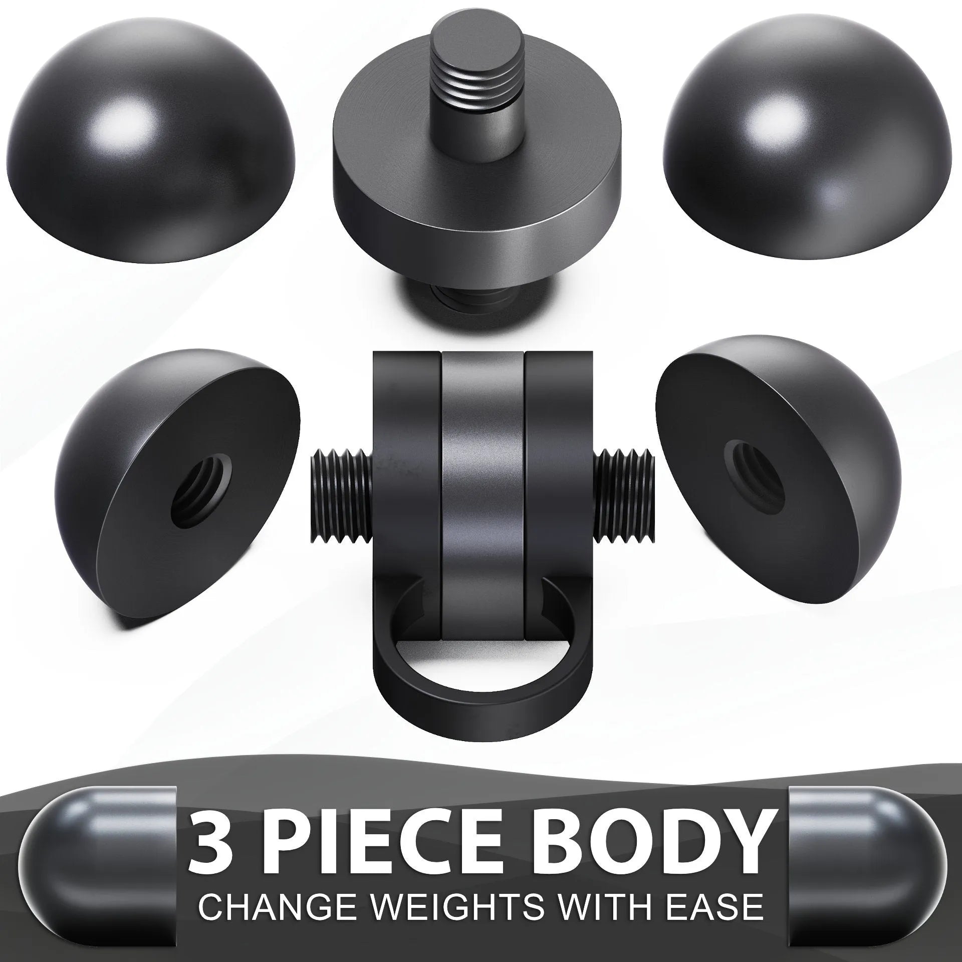 Adjustable dumbbell with three-piece body design showing interchangeable dome-shaped weight plates and threaded shaft on white background.