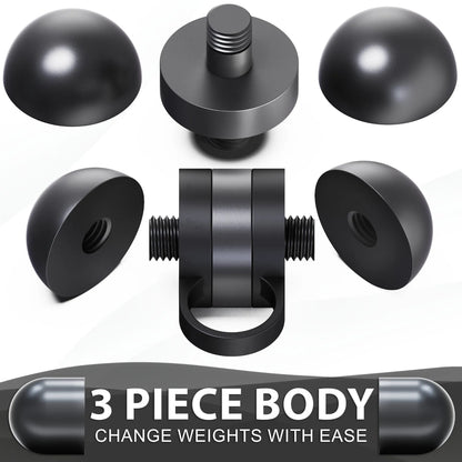 Adjustable dumbbell with three-piece body design showing interchangeable dome-shaped weight plates and threaded shaft on white background.