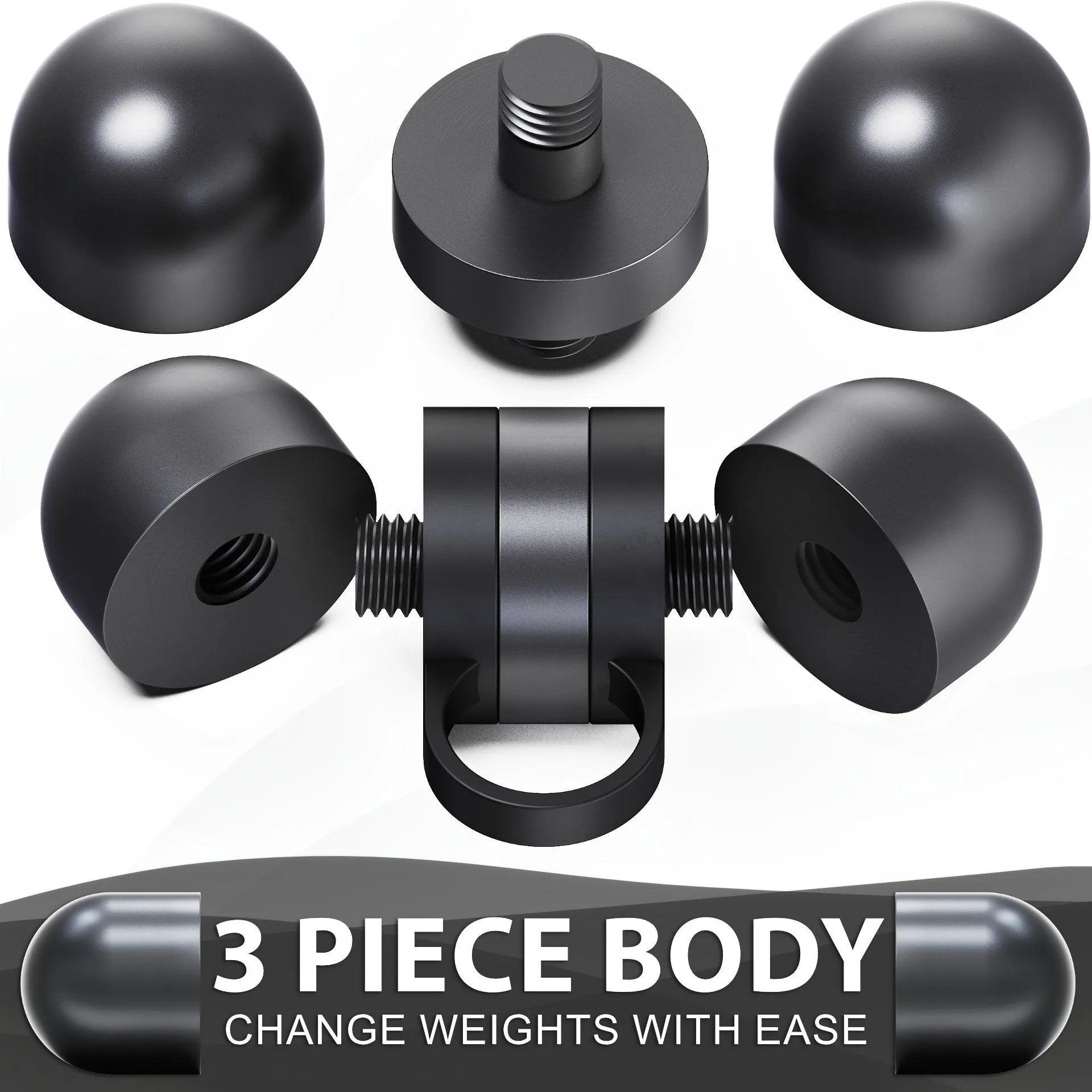 Black spherical dumbbell with three-piece modular design and threaded handle connector, shown assembled and with individual components displayed separately.