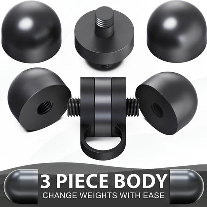 Black spherical dumbbell with three-piece modular design and threaded handle connector, shown assembled and with individual components displayed separately.
