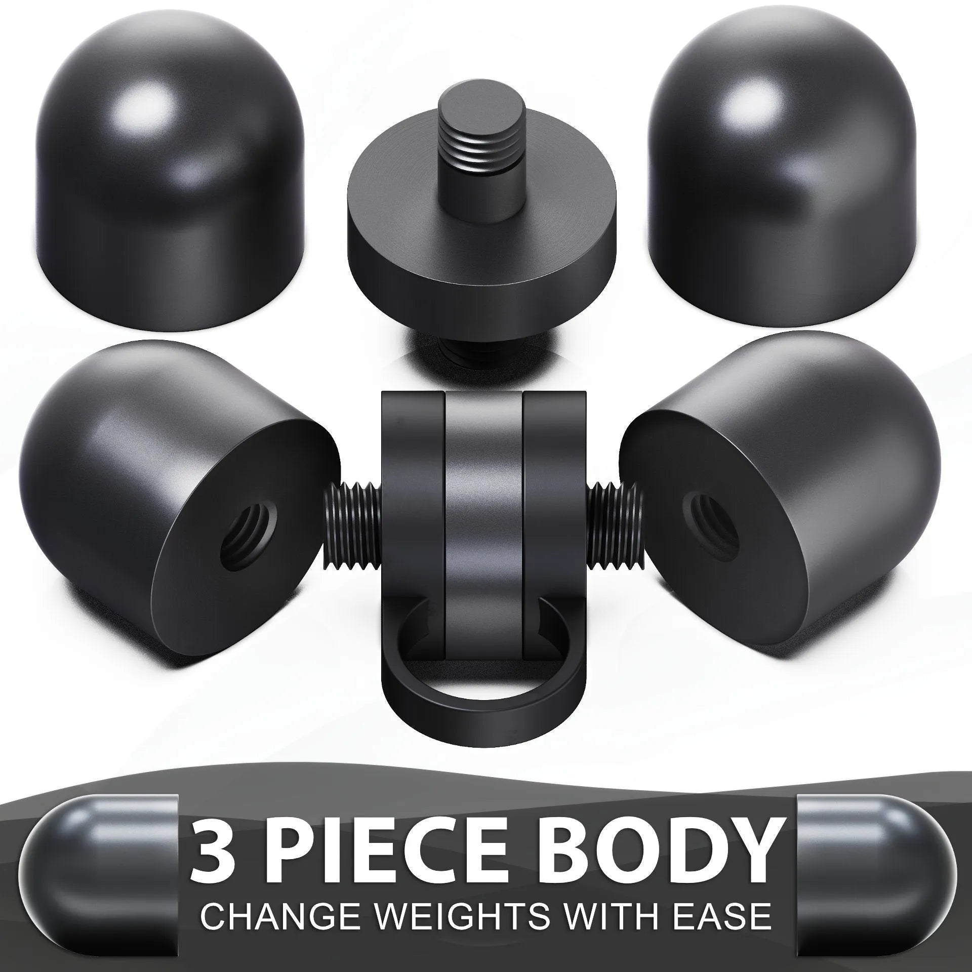 Black dumbbell with three-piece design showing interchangeable rounded weight plates and threaded center bar, displayed with protective end caps and individual weight plate components.