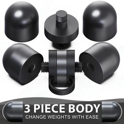 Black dumbbell with three-piece design showing interchangeable rounded weight plates and threaded center bar, displayed with protective end caps and individual weight plate components.