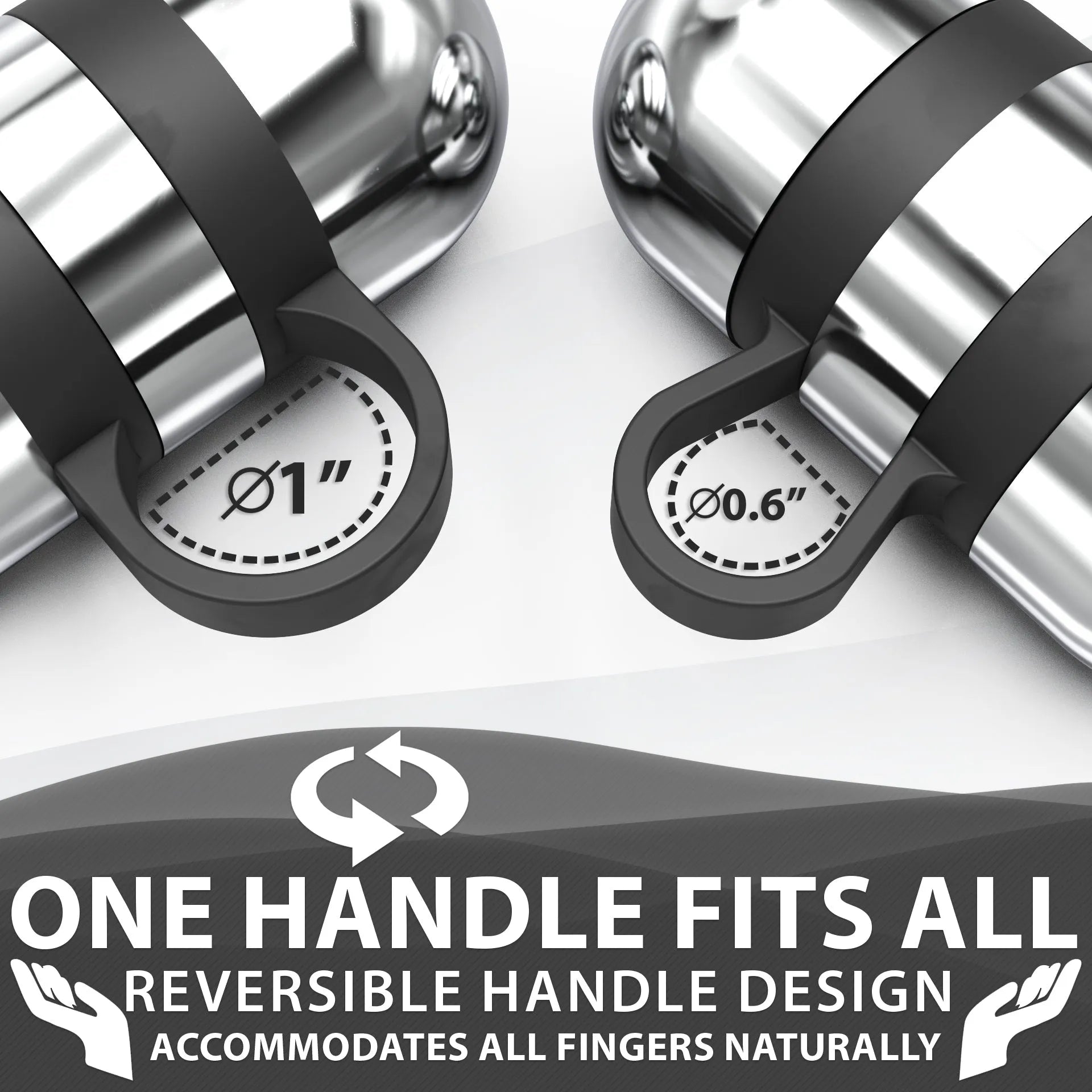 Pair of adjustable dumbbells with chrome cylindrical weights and black rubber handles labeled with diameter measurements of 1 inch and 0.6 inch, featuring reversible handle design.
