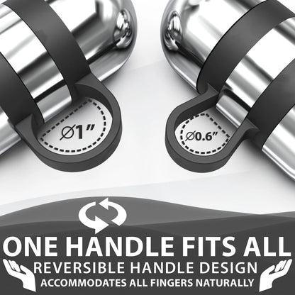 Pair of adjustable dumbbells with chrome cylindrical weights and black rubber handles labeled with diameter measurements of 1 inch and 0.6 inch, featuring reversible handle design.