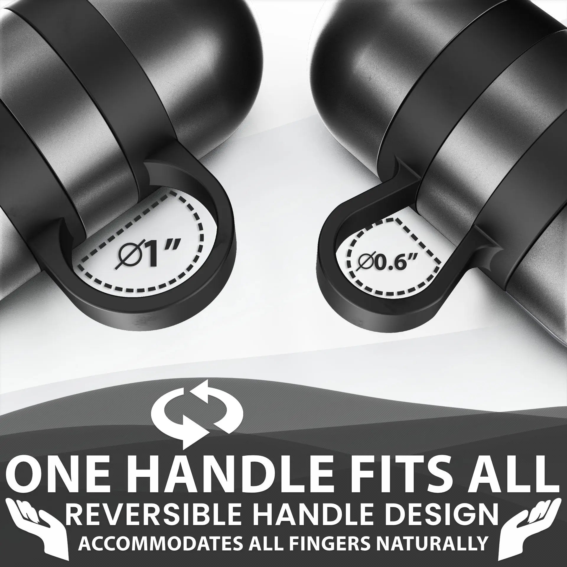 Two gray metal dumbbells with black rubber handles and labeled end caps showing diameter measurements of 1" and 0.6", displayed against a white background with reversible handle design callout.