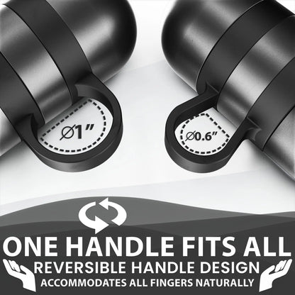 Two gray metal dumbbells with black rubber handles and labeled end caps showing diameter measurements of 1" and 0.6", displayed against a white background with reversible handle design callout.