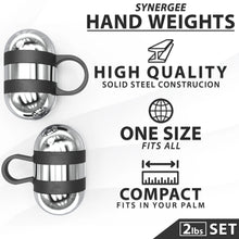 Two chrome hand weights with black grip straps and handles, labeled as 2lbs set. Spherical design with textured finish shown on white background.
