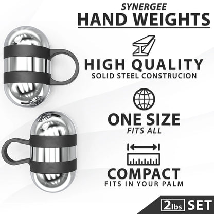 Two chrome hand weights with black grip straps and handles, labeled as 2lbs set. Spherical design with textured finish shown on white background.