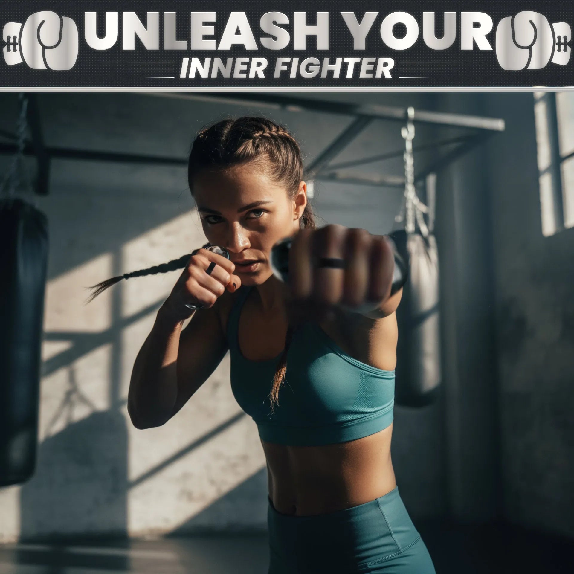 Woman performing a punching motion with a black battle rope in a gym setting, wearing a turquoise sports bra and matching leggings.