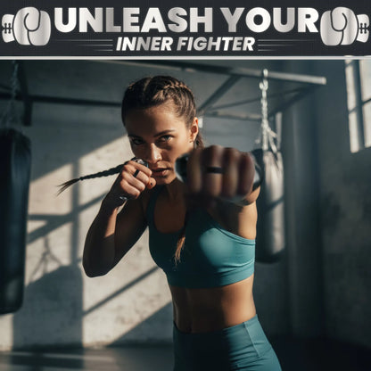 Woman performing a punching motion with a black battle rope in a gym setting, wearing a turquoise sports bra and matching leggings.
