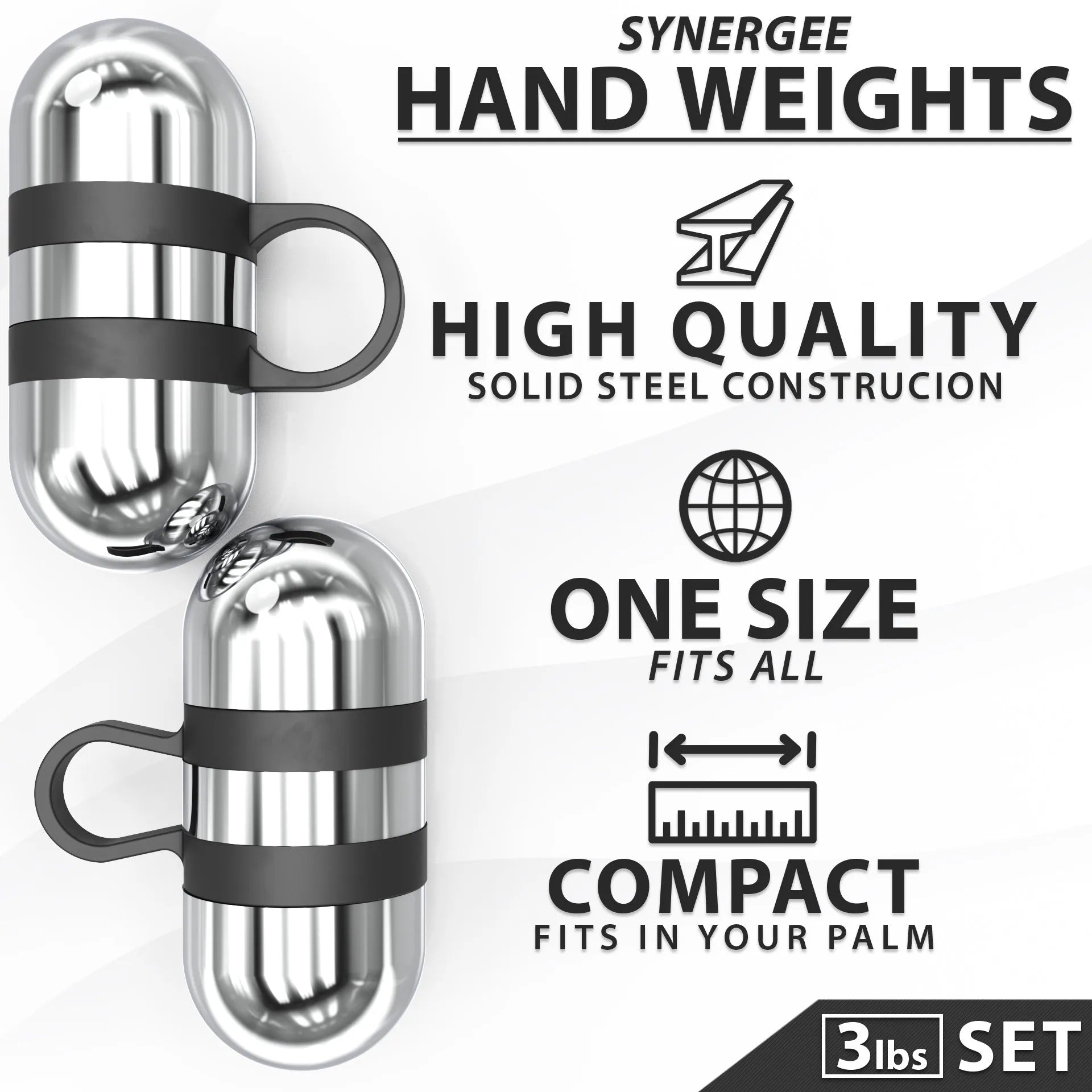 Two polished steel hand weights with black grip straps and finger loops, part of a 3-pound set. The weights feature a capsule-shaped design with ridged surfaces.