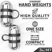 Two polished steel hand weights with black grip straps and finger loops, part of a 3-pound set. The weights feature a capsule-shaped design with ridged surfaces.