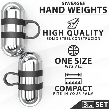 Two polished steel hand weights with black grip straps and finger loops, part of a 3-pound set. The weights feature a capsule-shaped design with ridged surfaces.