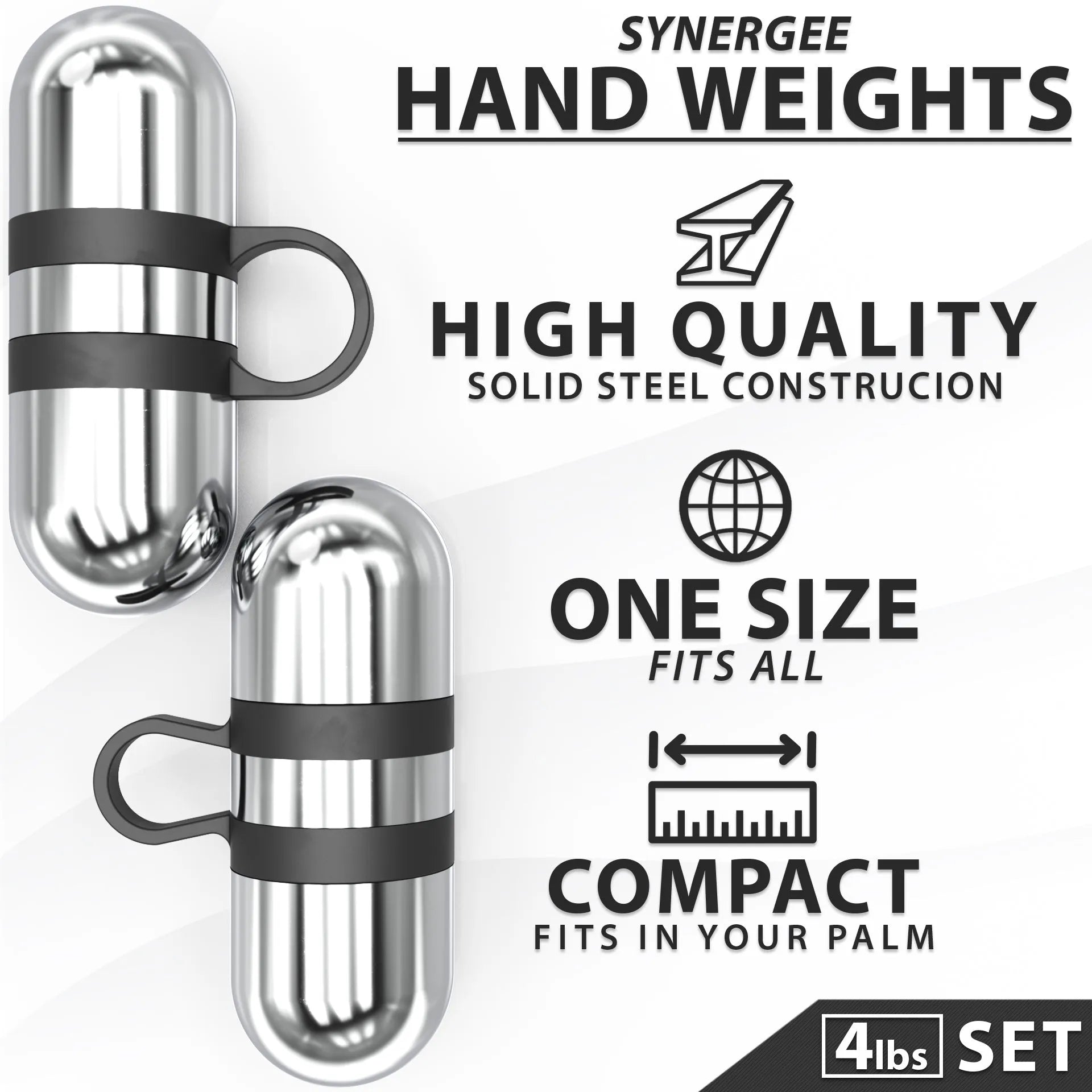 Pair of silver capsule-shaped hand weights with black grip bands and attachment loops. Set includes 4 lbs total weight with solid steel construction.