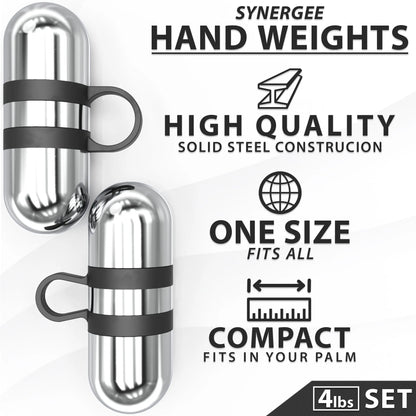 Pair of silver capsule-shaped hand weights with black grip bands and attachment loops. Set includes 4 lbs total weight with solid steel construction.