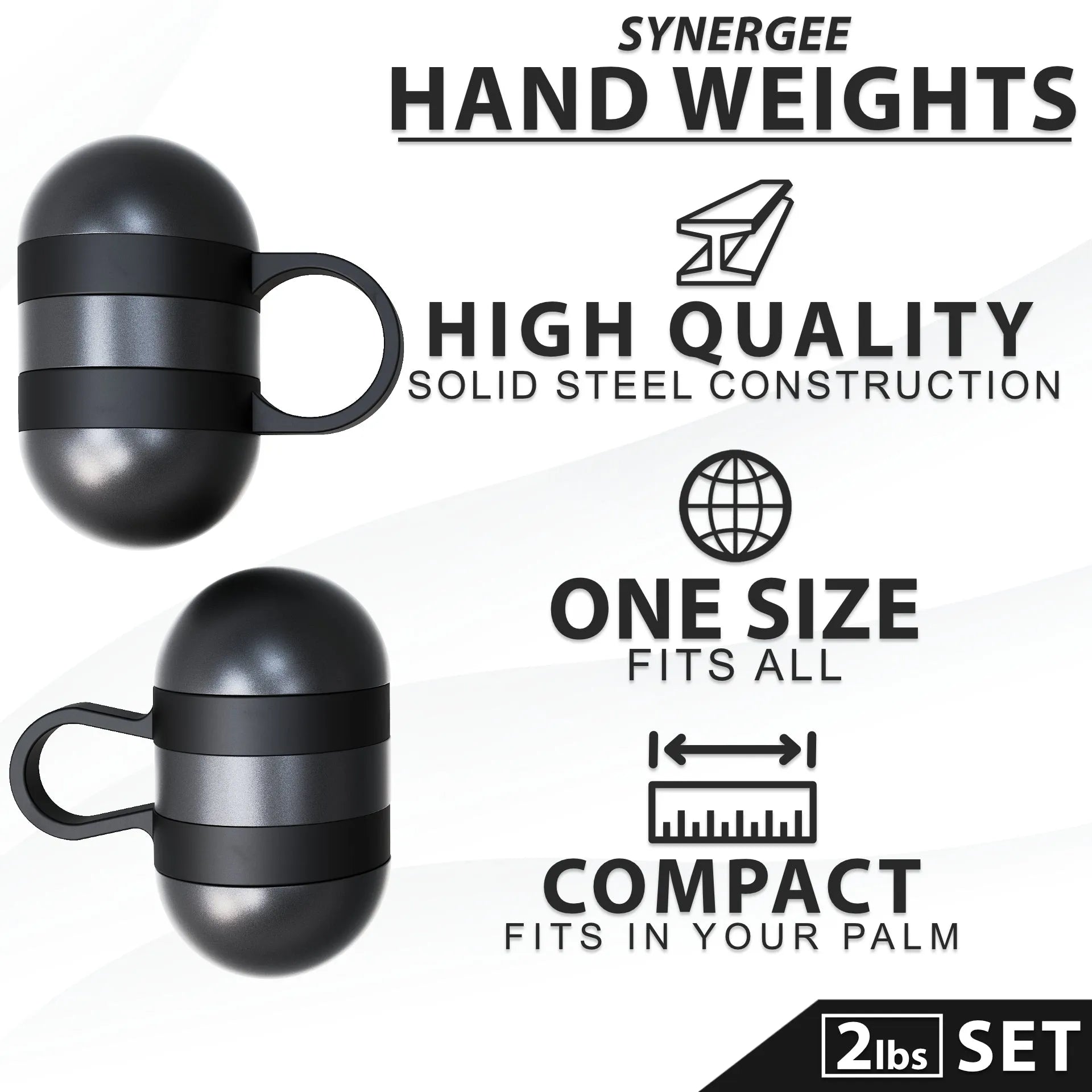 Two black steel hand weights with handle loops and horizontal grip bands, displayed against a white background with product feature callouts.