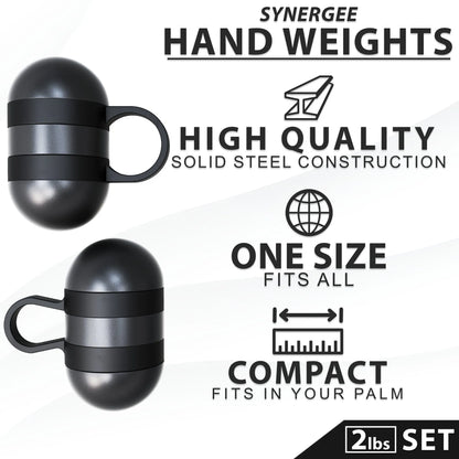 Two black steel hand weights with handle loops and horizontal grip bands, displayed against a white background with product feature callouts.