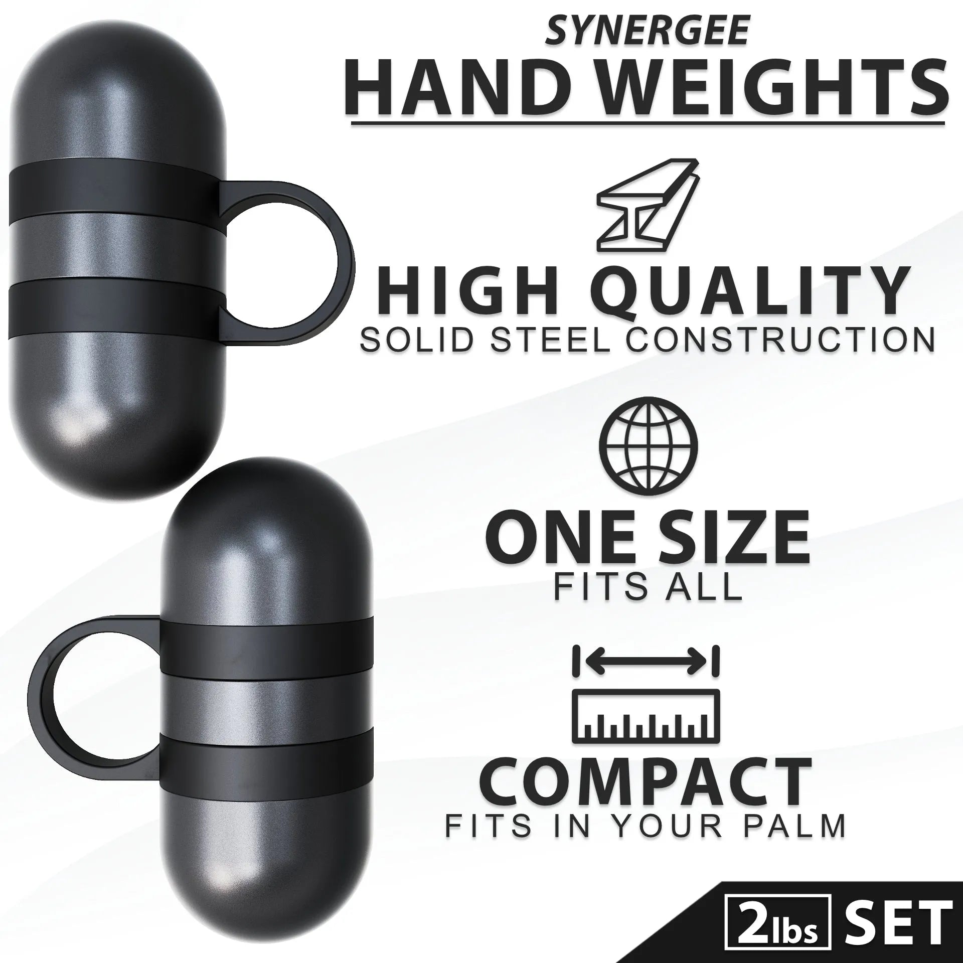 Two black steel hand weights with rounded tops and black grip bands, featuring loop handles for secure grip. This 2-pound set features compact, palm-sized dumbbells with solid steel construction.