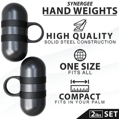 Two black steel hand weights with rounded tops and black grip bands, featuring loop handles for secure grip. This 2-pound set features compact, palm-sized dumbbells with solid steel construction.