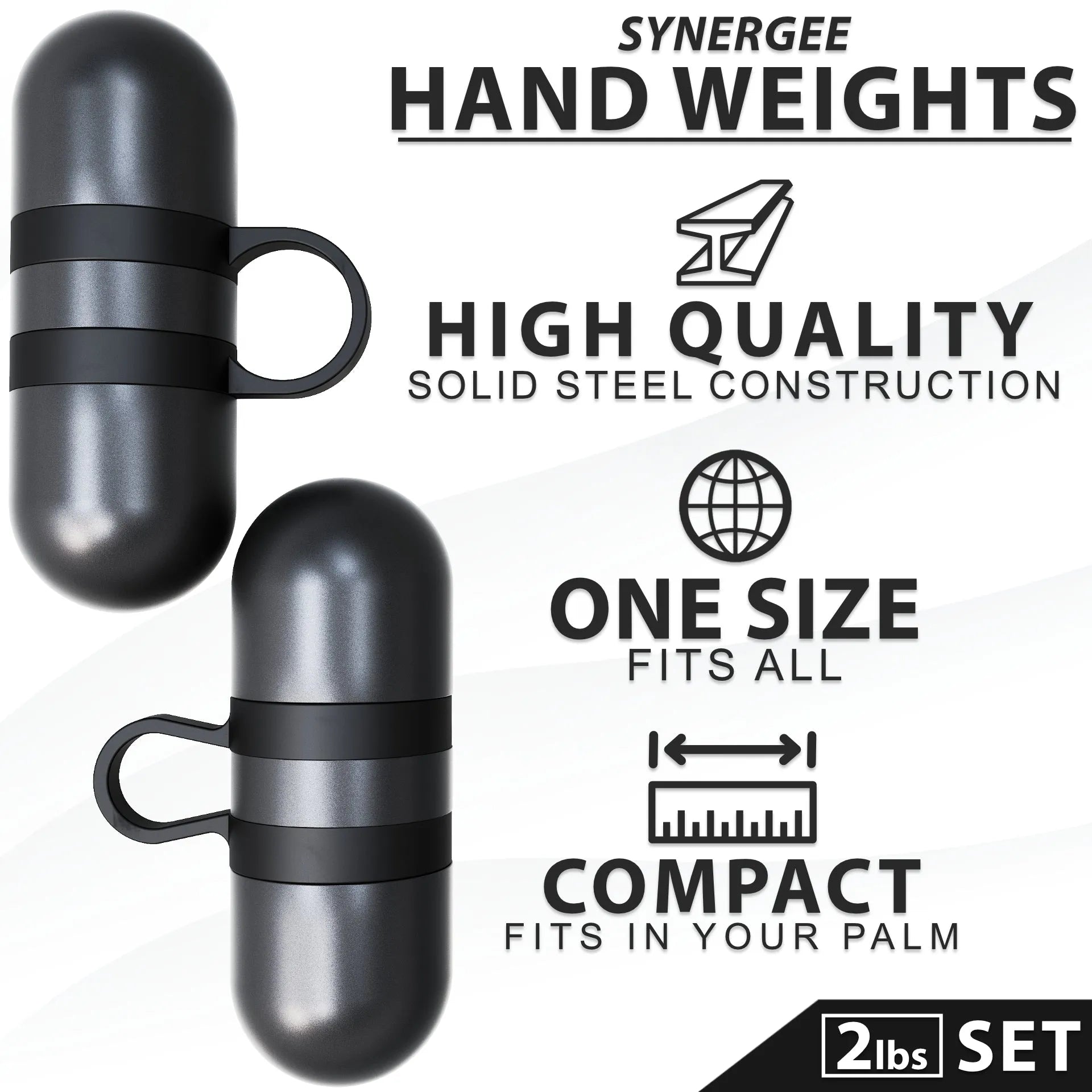 Two black steel hand weights with rounded ends and black grip bands, each featuring a loop handle. Product labeled as Synergee hand weights, 2 lbs set.